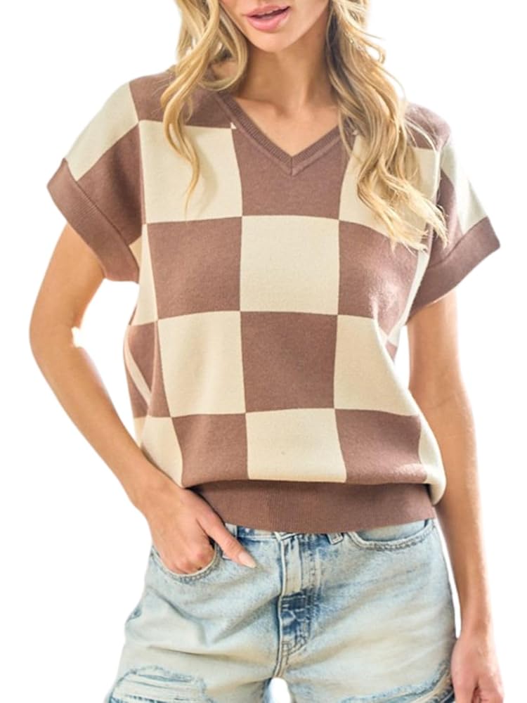 トップス LINKS CHECK KNIT PULLOVER Joiemont Womens Checkered Pattern Short Sleeve Top Plaid